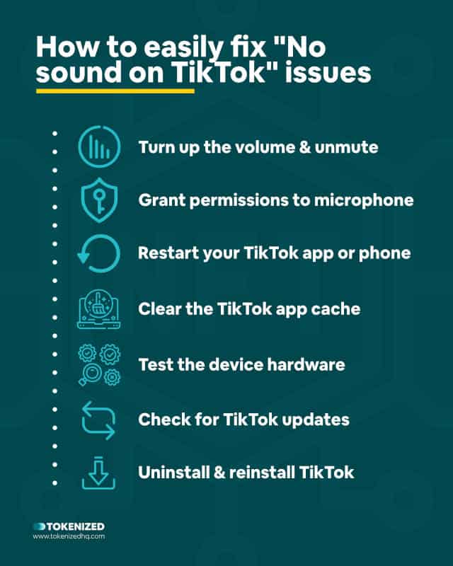 Infographic listing 7 proven solutions on how to fix "No sound on TikTok" issues.