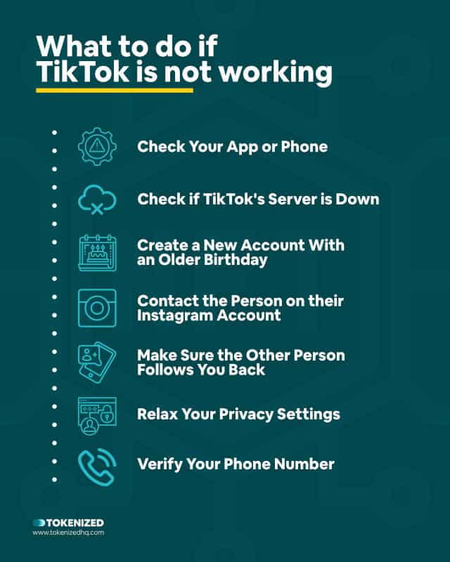 Infographic listing 7 possible solution to your TikTok inbox not working.