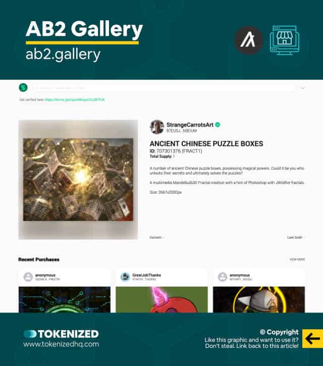 Screenshot of the AB2 Gallery Algorand NFT marketplace website.