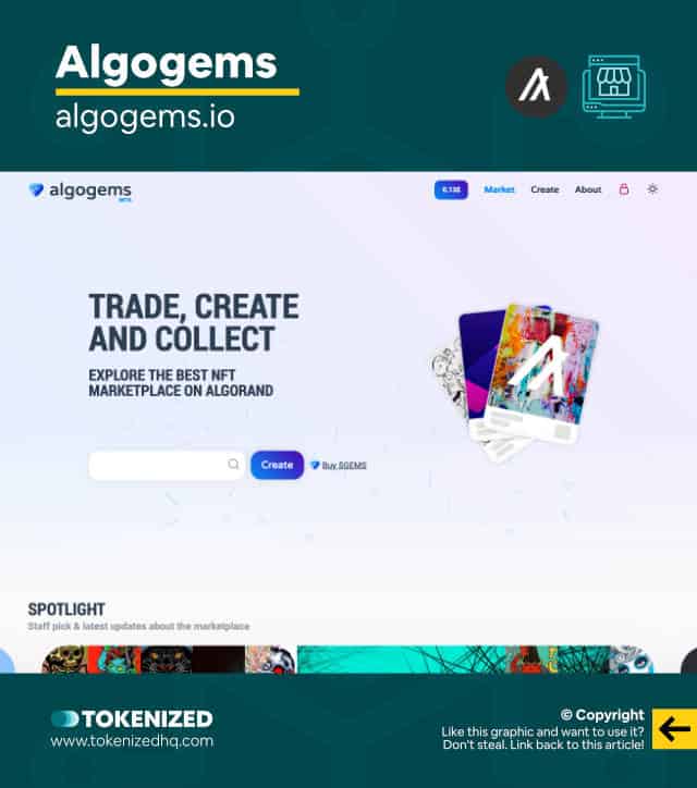 Screenshot of the Algogems Algorand NFT marketplace website.