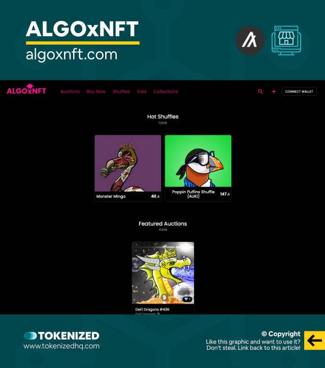 Screenshot of the ALGOxNFT Algorand NFT marketplace website.