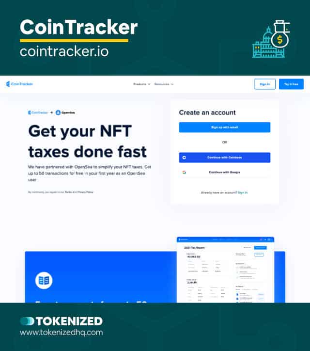 Screenshot of the CoinTracker OpenSea taxes tool website.