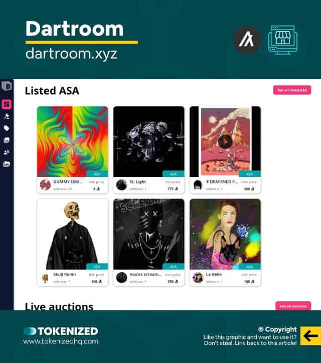 Screenshot of the Dartroom ALGO NFT marketplace website.