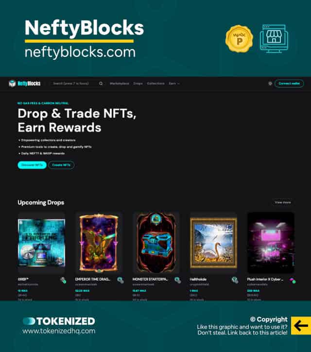 Screenshot of the NeftyBlocks WAX NFT marketplace website.