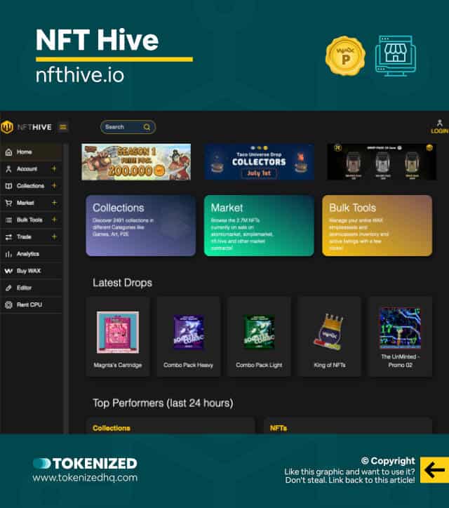 Screenshot of the NFT Hive WAX NFT marketplace website.