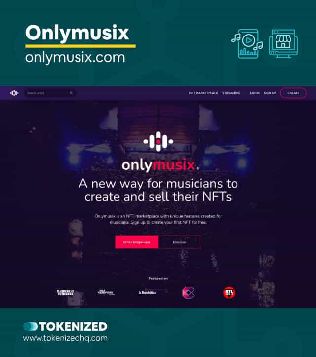 Screenshot of the Onlymusix best music NFT marketplace website.