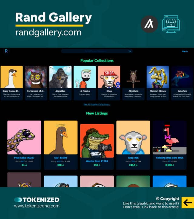 Screenshot of the Rand Gallery ALGO NFT marketplace website.