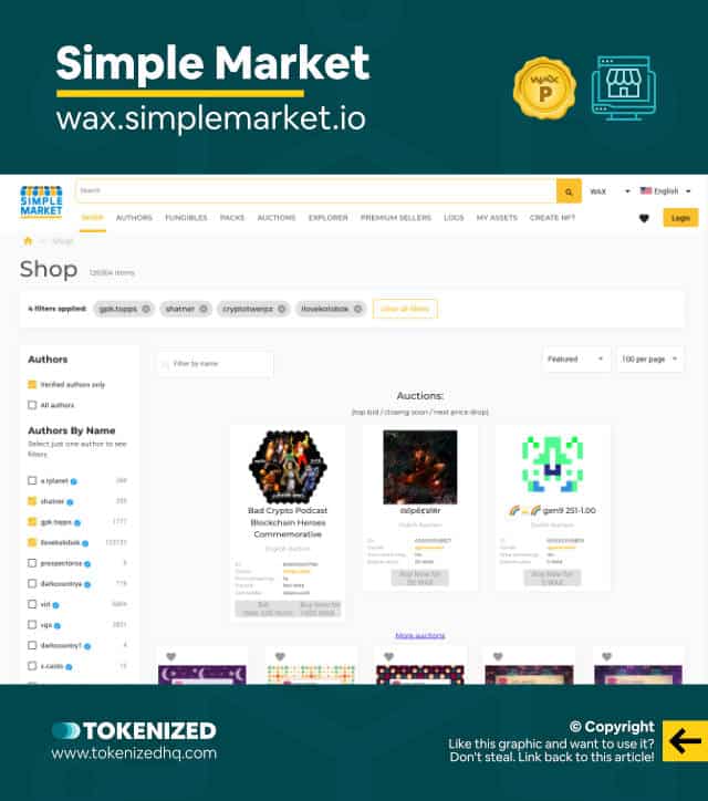 Screenshot of the Simple Market WAX NFT marketplace website.