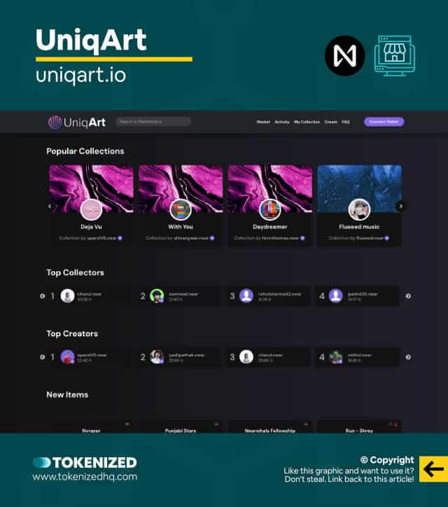 Screenshot of the UniqArt NEAR NFT marketplace website.