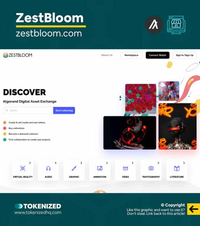 Screenshot of the ZestBloom ALGO NFT marketplace website.