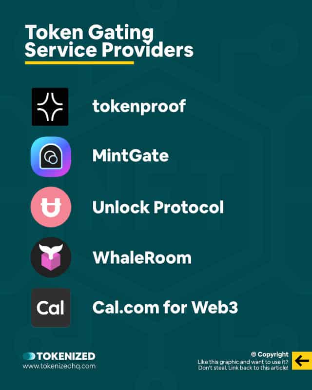 Infographic showing 5 companies that offer token gating tools.