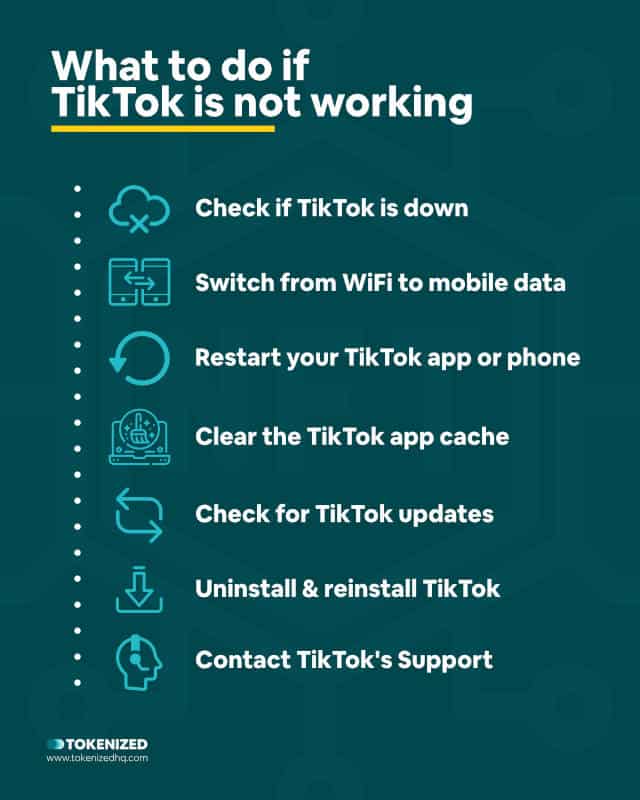 Infographic listing 7 things to do if TikTok is not working.