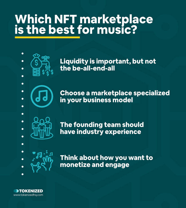 Infographic explaining how to decide which NFT marketplace is the best for music.