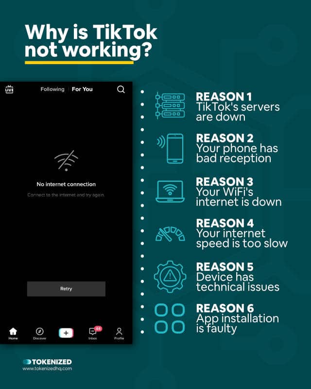 Infographic showing 6 possible reasons why TikTok is not working.