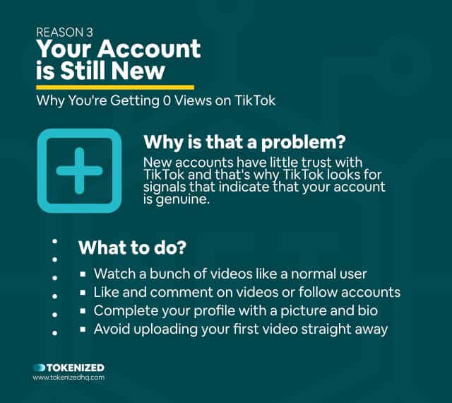 Infographic explaining why new accounts often struggle with TikTok 0 views after an hour.