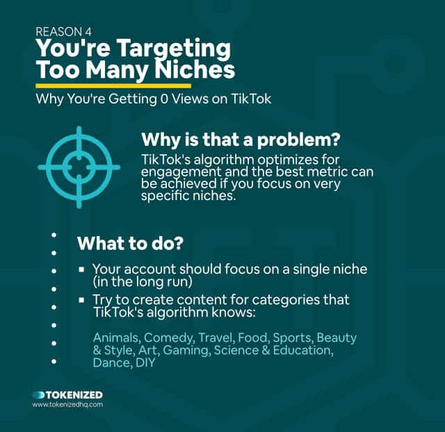 Infographic explaining why targeting too many niches can cause the TikTok 0 views glitch.