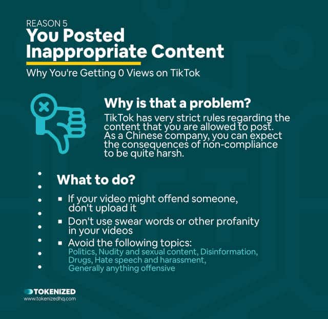 Infographic explaining why posting inappropriate content can cause 0 views on TikTok.