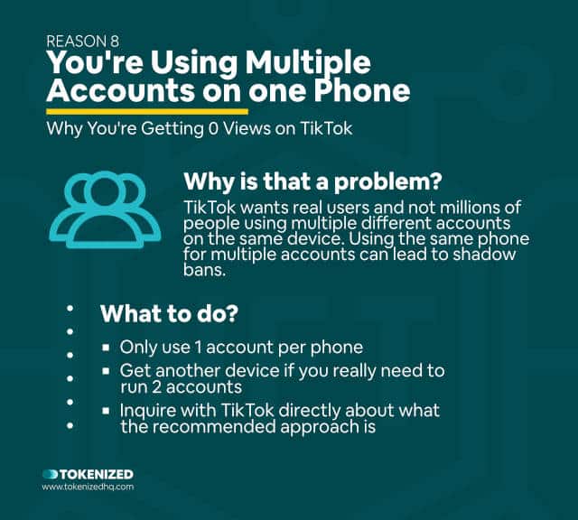 Infographic explaining that using multiple accounts on the same phone can cause a TikTok 0 views glitch.
