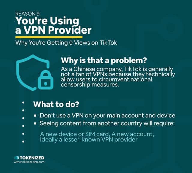 Infographic explaining that VPNs may result in 0 views because TikTok doesn't like them.