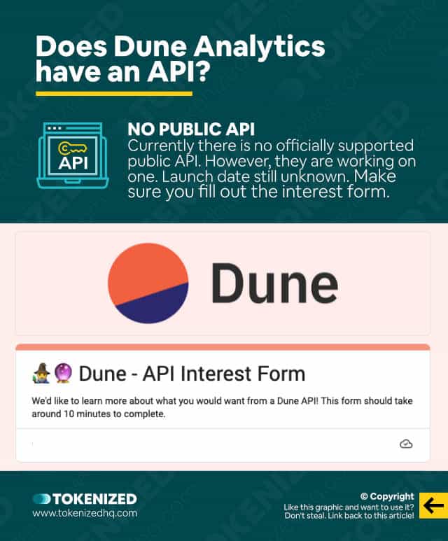 Infographic explaining that Dune Analytics does not have an official public API.