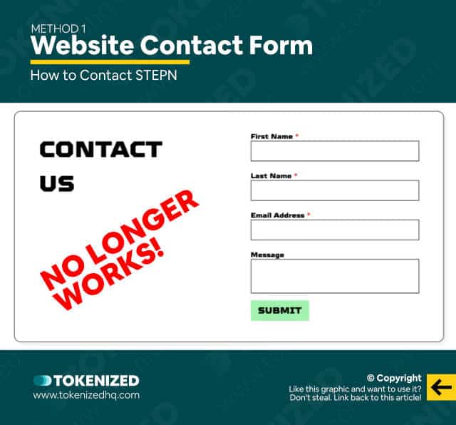 Infographic showing how to contact STEPN via their website.