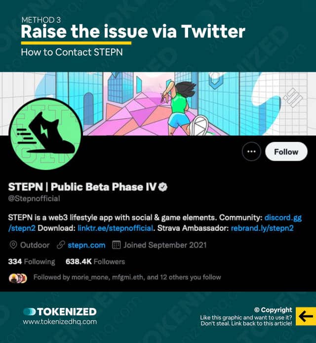 Infographic showing how to raise an issue with STEPN via Twitter.
