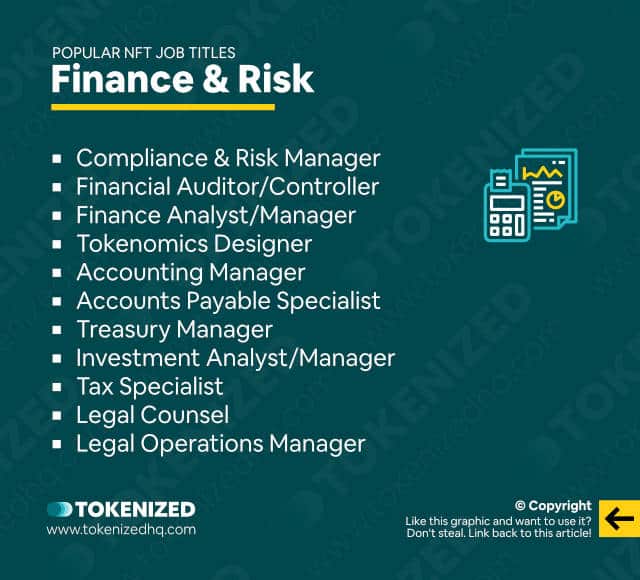 Infographic showing a list of popular NFT job titles in Finance & Risk.