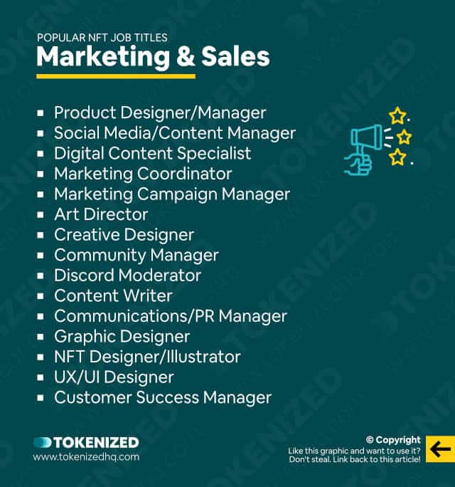 Infographic showing a list of popular NFT job titles in Marketing & Sales.