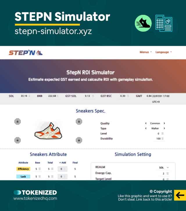 Screenshot of the STEPN Simulator website.