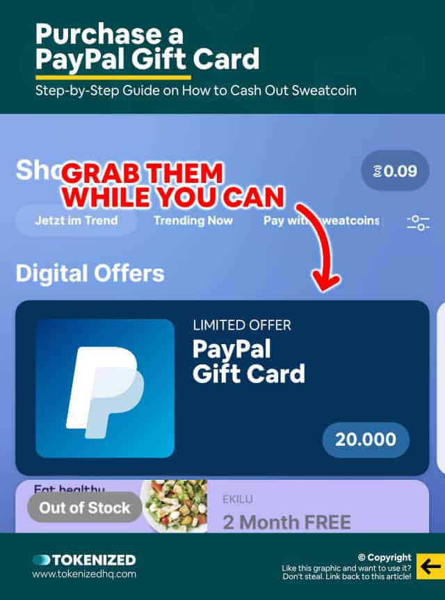 Step-by-step guide on how to cash out Sweatcoin with PayPal gift cards.