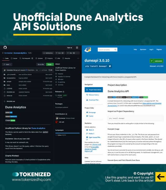 Infographic showing screenshots of 2 unofficial Dune Analytics API libraries.