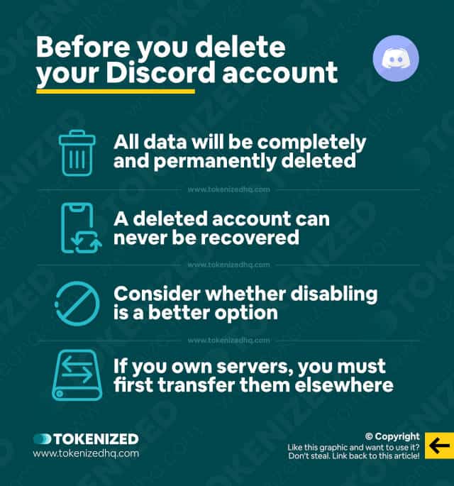 Infographic with things to look out for when figuring out how to delete Discord accounts.