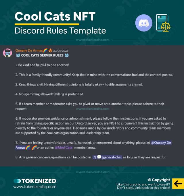 Screenshot of the Discord rules template of the Cool Cats NFT community.