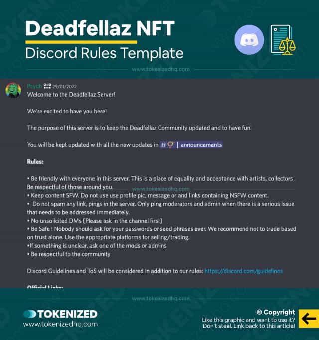 Screenshot of the Discord rules template of the Deadfellaz NFT community.