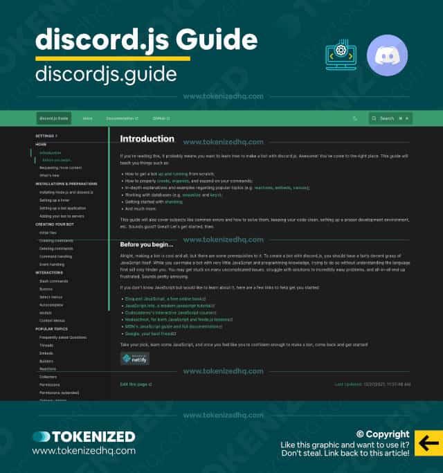 Screenshot of the Discord bot tutorial at discord.js Guide.