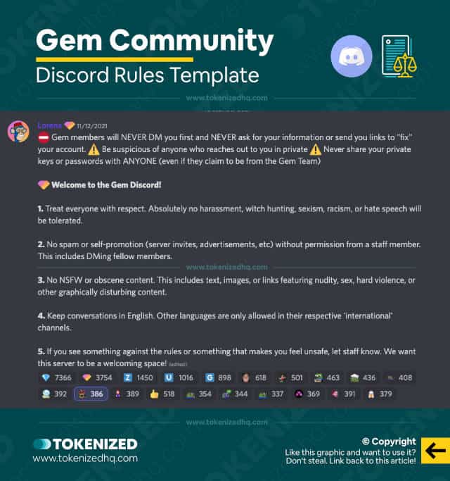 Screenshot of the Discord rules template of the Gem community.