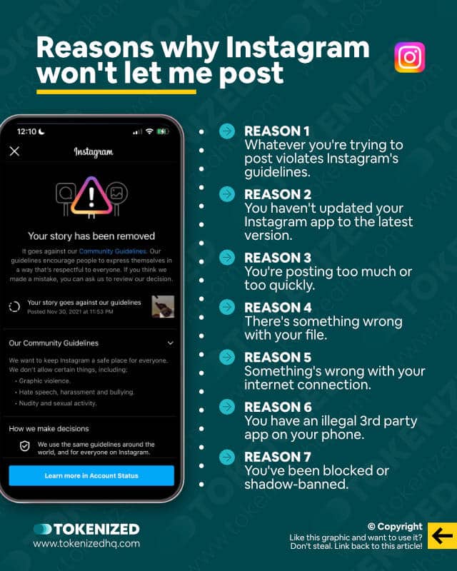 Infographic listing 7 common reasons why Instagram won't let me post.