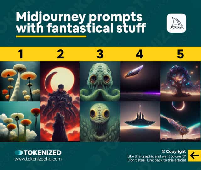Examples of Midjourney prompts with fantastical stuff.