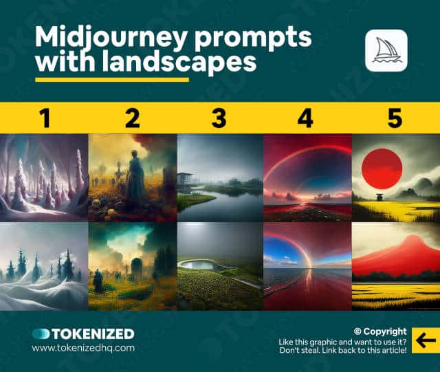 Examples of Midjourney prompts with landscapes.