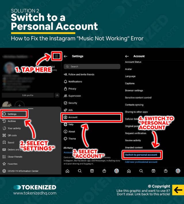 Infographic showing several ways how to fix the Instagram "Music Not Working" error – Solution 2