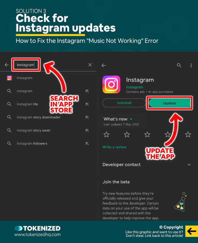 Infographic showing several ways how to fix the Instagram "Music Not Working" error – Solution 3