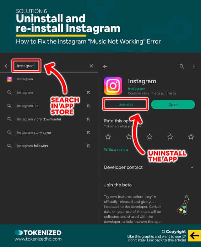 Infographic showing several ways how to fix the Instagram "Music Not Working" error – Solution 6