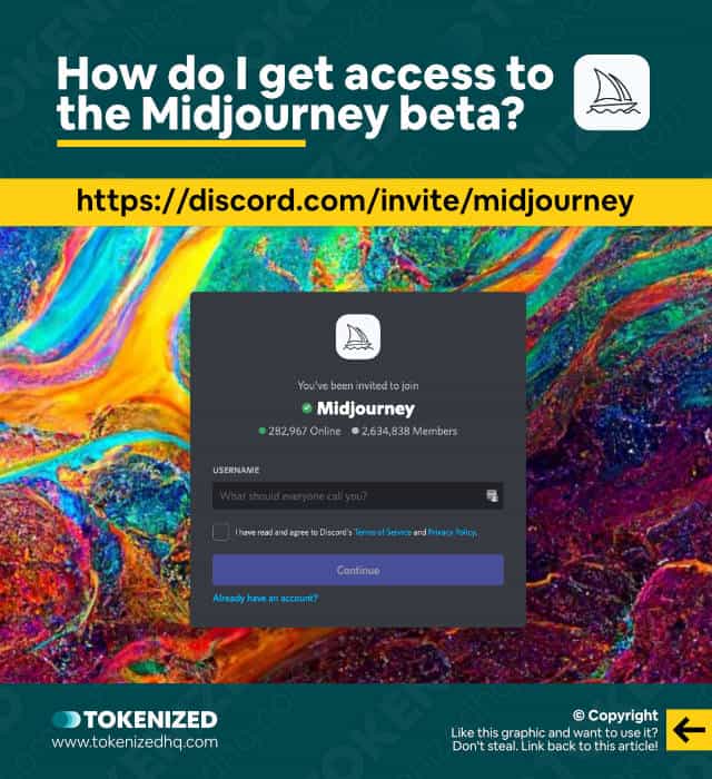 Infographic explaining how to get access to the Midjourney beta via Discord.