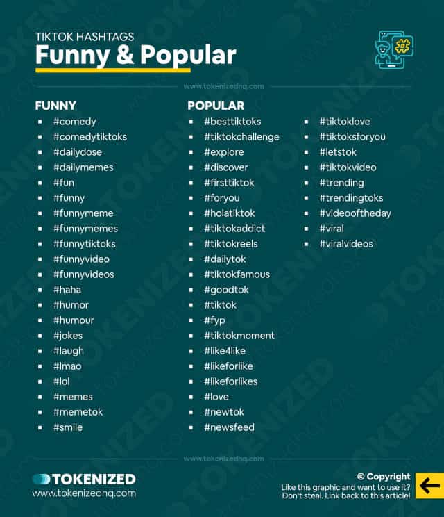 Infographic with a list of popular and funny TikTok hashtags.