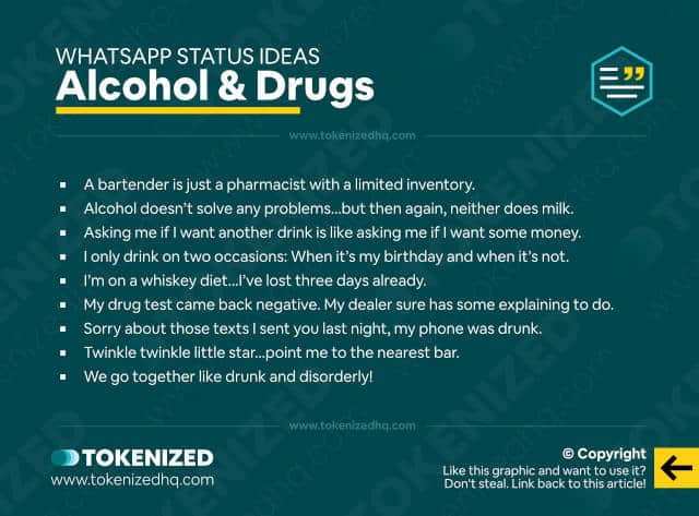Infographic with a list of WhatsApp status ideas for alcohol and drugs.