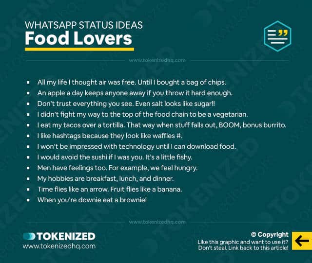 Infographic with a list of WhatsApp status ideas for food lovers.