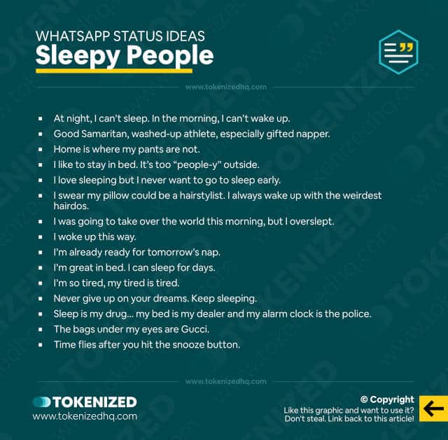 Infographic with a list of WhatsApp status ideas for sleepy people.