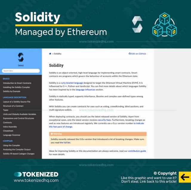 Screenshot of the Solidity smart contract programming language website.
