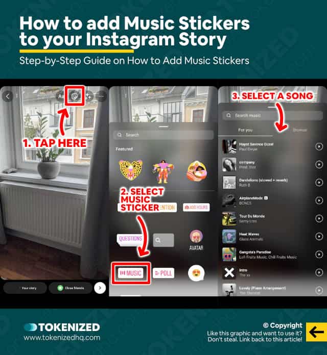 Step-by-step guide explaning how to add Music Stickers to your Instagram story.