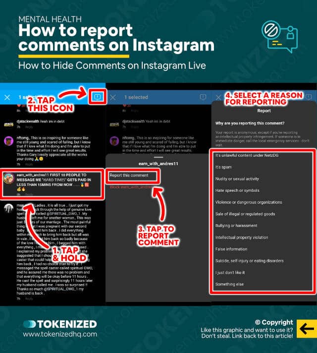 Step-by-step guide explaining how to report a comment on Instagram.